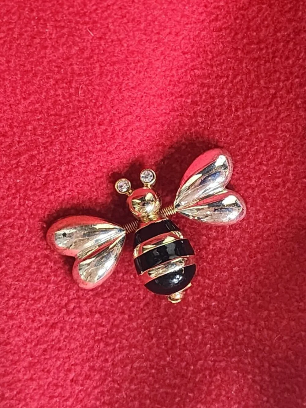Mixed Metal Vintage Black Enamel Trembler Heart Winged w/Rhinestone Eyes Bee Pin